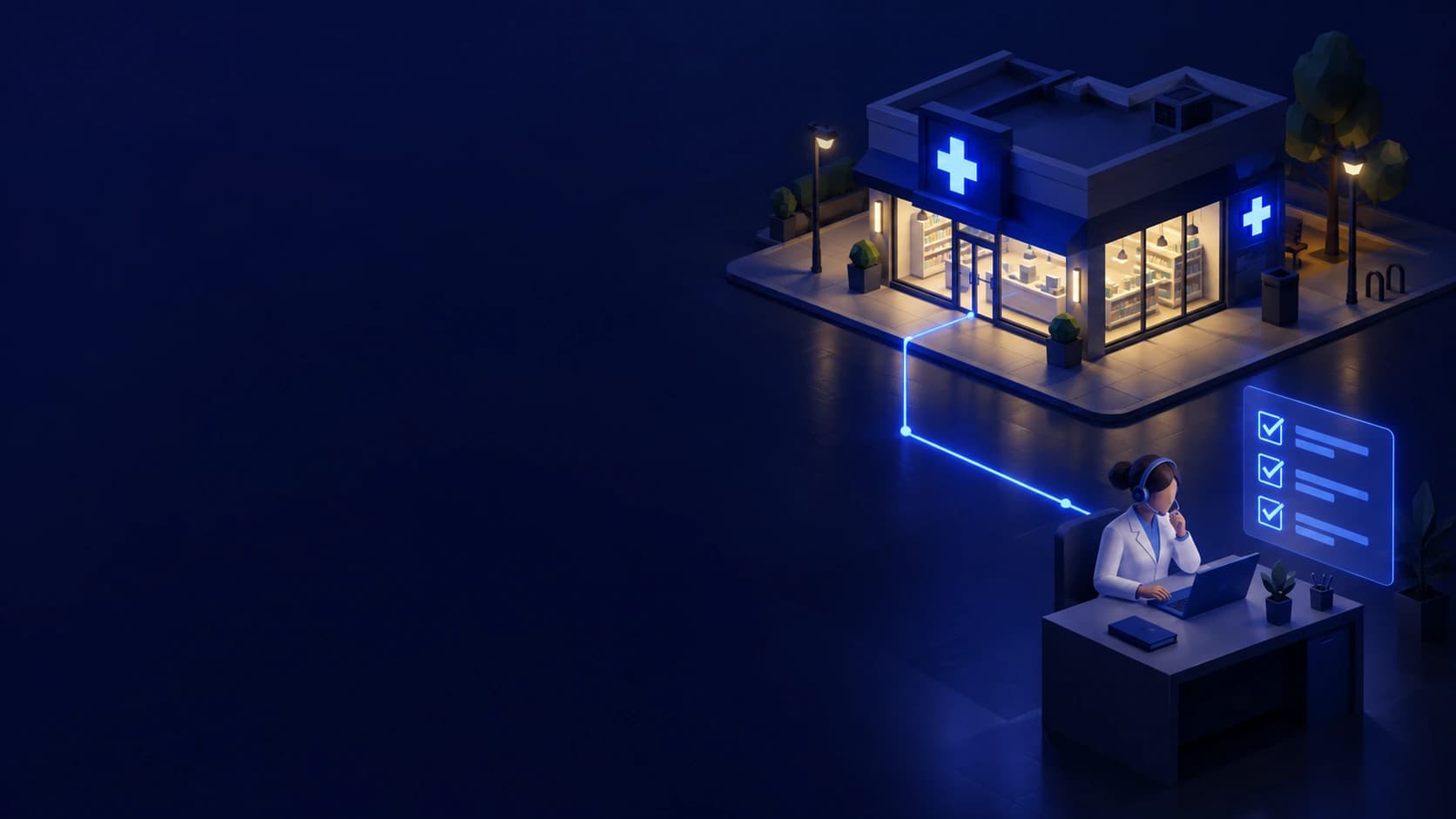 Illustration of a remote pharmacist connected to an independent pharmacy, completing a checklist of prior authorizations