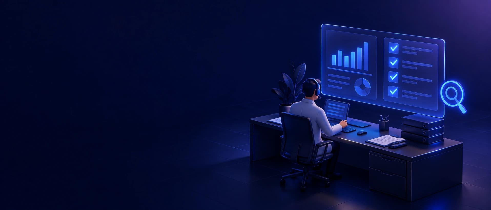 Illustration of a pharmacist reviewing an audit report with charts and a completed checklist