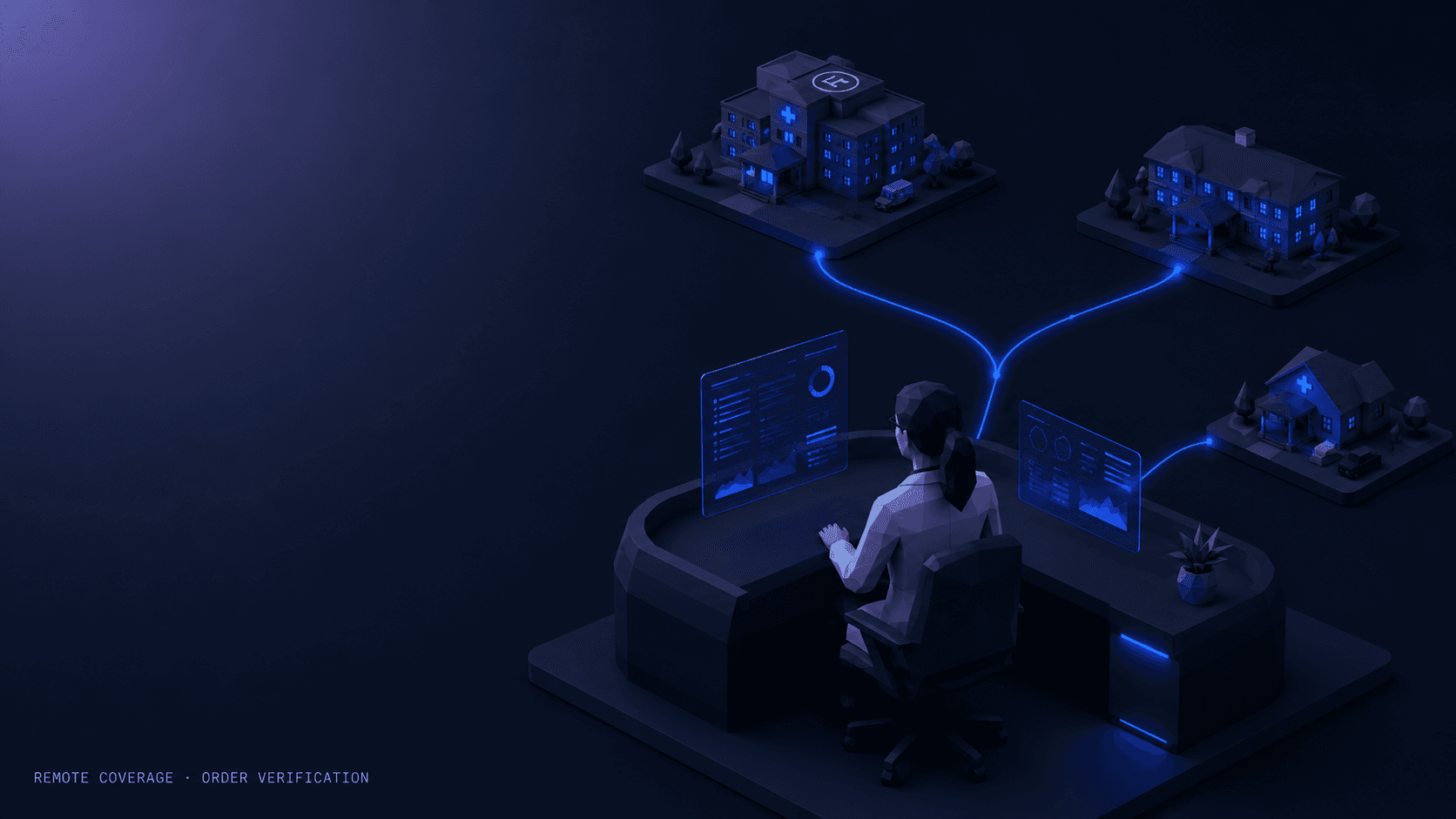 Illustration of a remote pharmacist connected to a hospital, a nursing home, and a clinic